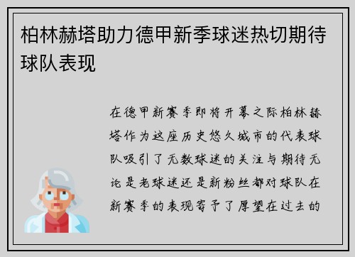 柏林赫塔助力德甲新季球迷热切期待球队表现