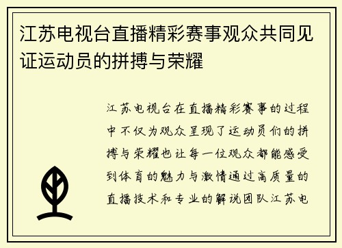 江苏电视台直播精彩赛事观众共同见证运动员的拼搏与荣耀