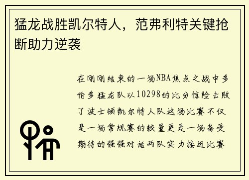 猛龙战胜凯尔特人，范弗利特关键抢断助力逆袭